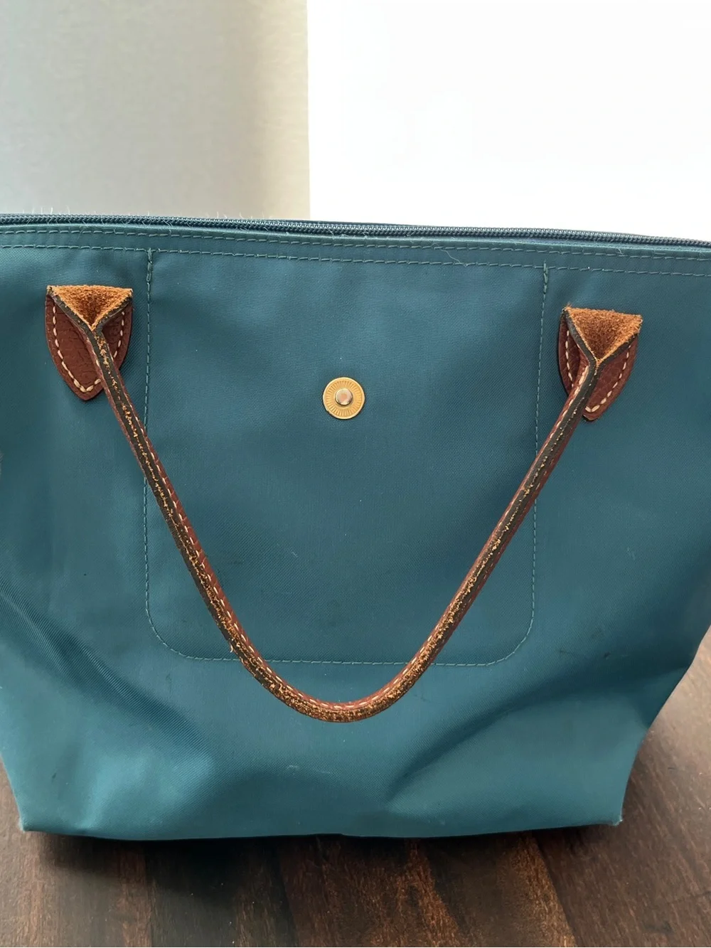 Longchamp Teal Nylon Le Pliage Small Tote Brown Leather Trim. 14”wide x 8”tall